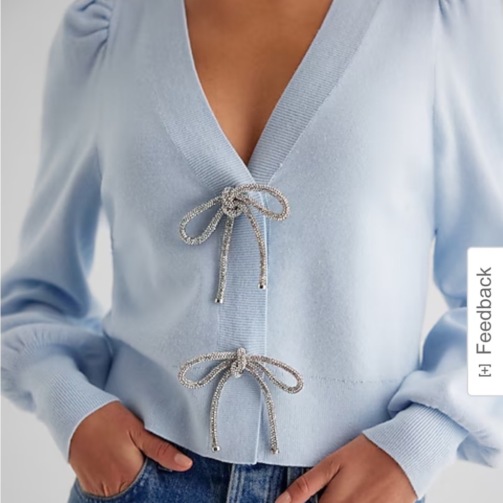 Express V-Neck Embellished Bow Cardigan Blue